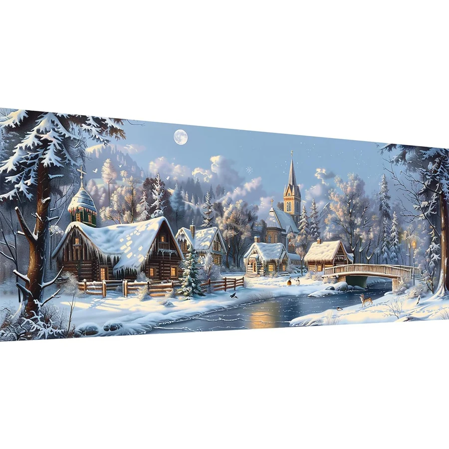

5D Large snow landscape Diamond Painting Kits Riverside Village DIY Diamond Kits for Adults Cabin Full Drill Crystal Embroidery