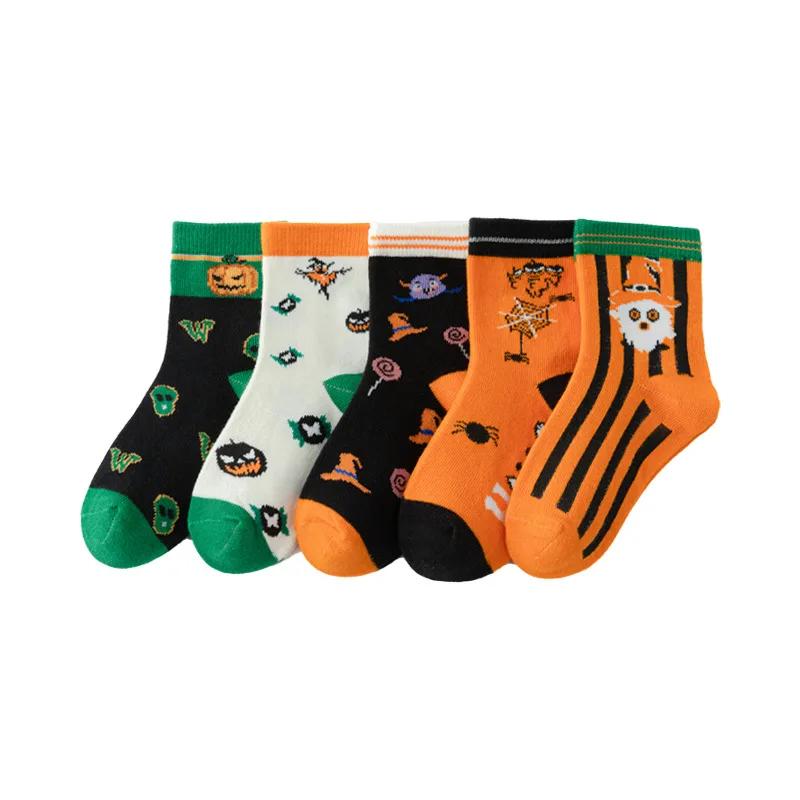 Five Pairs of Spring and Autumn Children Halloween and Christmas Basics All Fashion Boys and Girls Mid-tube Socks