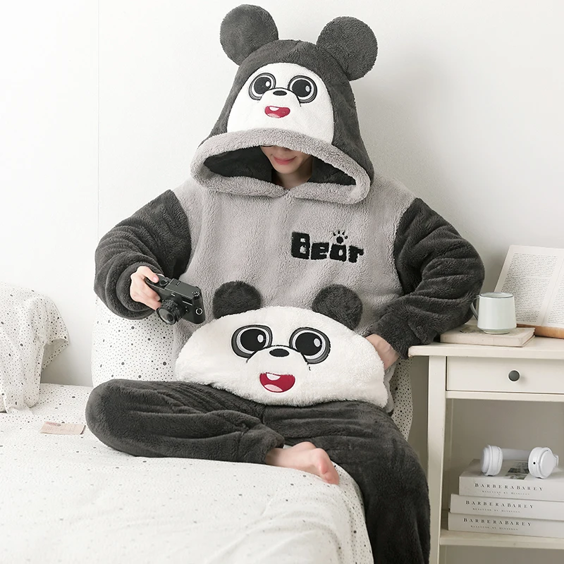 2024 New Winter Men Pajamas Set Coral Velvet Cute Cartoon Sleepwear Fleece Casual Long Sleeve Male Sleepwear Thick Warm Homewear