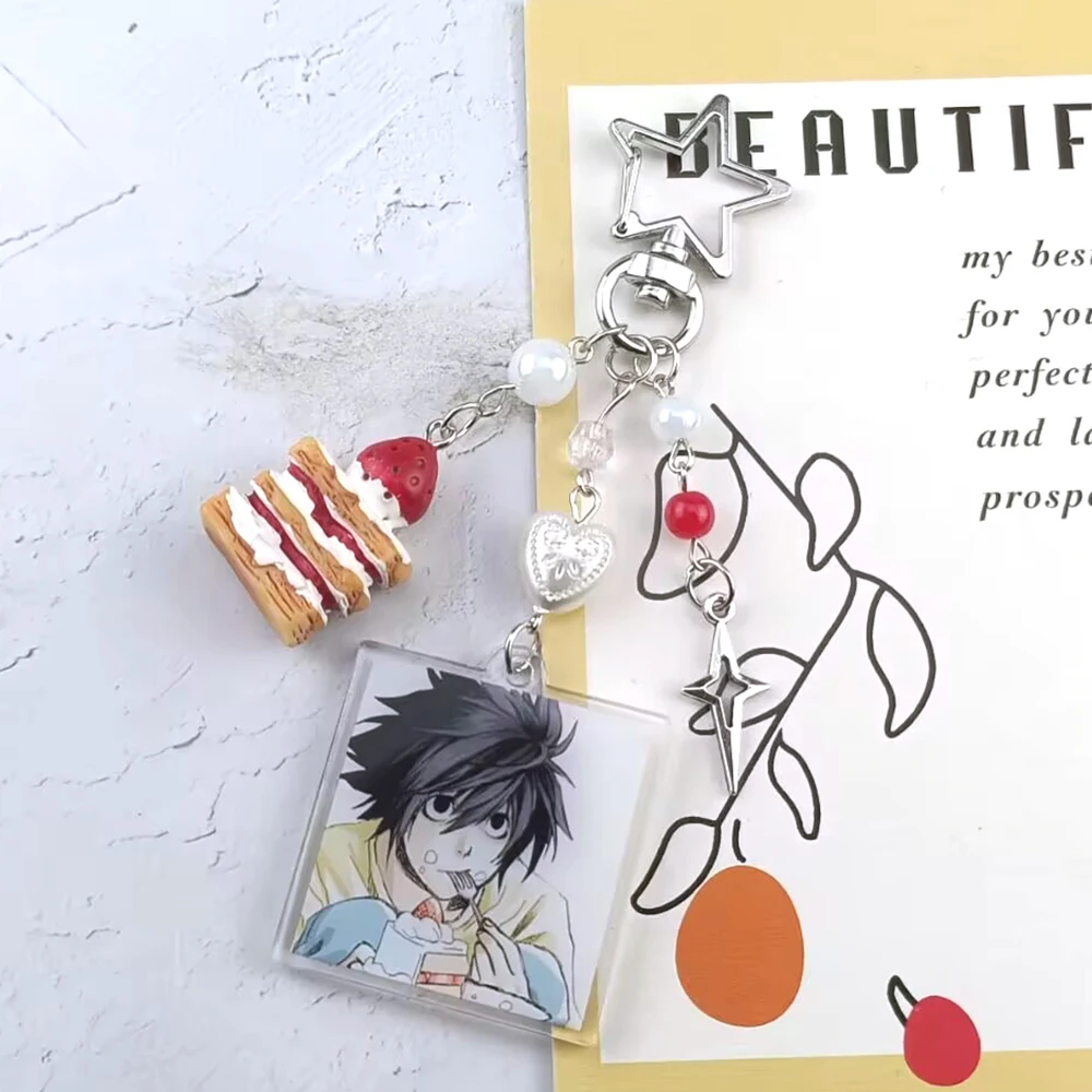 Handmade Anime Death Note L Lawliet Cake Beaded Keychain Bag Charms Aesthetic Handbag Pendant Key Ring Christmas Gift