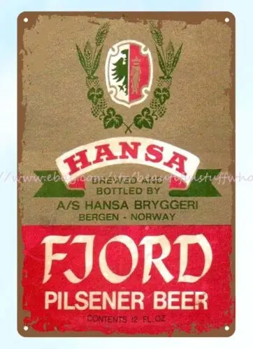 pub brewery man cave Hansa Fjord Pilsener Beer Bergen Norway Beer metal tin sign