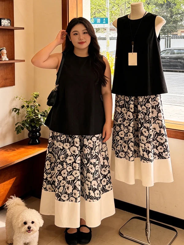 

plus Size Summer Black Sleeveless Top And Floral Skirt Two Piece Set Women's Fashion Casual Low Waist A-Line Skirt Ensemble
