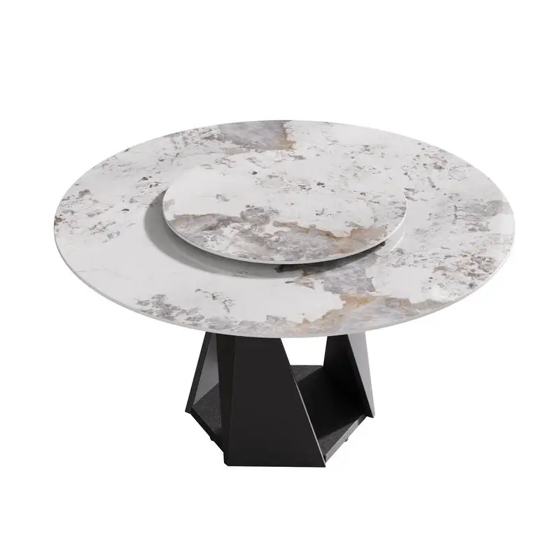 59" Round Marble Dining Table with Black Iron Base, Artificial Stone for 6-8 People, 31.5" White Turntable, White Finish,