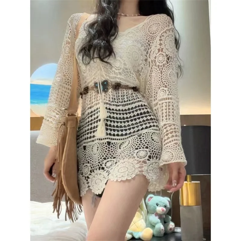 Crochet Tunic Top Boho Women Sheer Embroidery Open Knit Bell Sleeve Tie Front Open Knit Top Pullover Summer Vacation Beach Wear