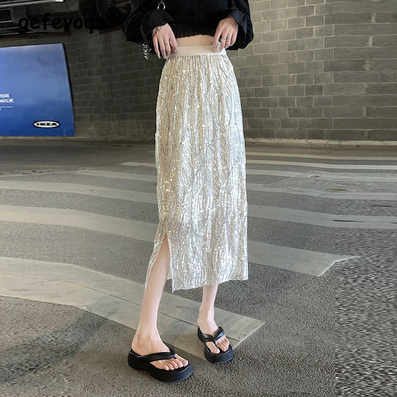 

2023 Women Clothes Sequin Bright Silk High Waist Elegant Club Party Midi Skirt Summer Fashion Sexy Slit Slim Beach Skirts Faldas