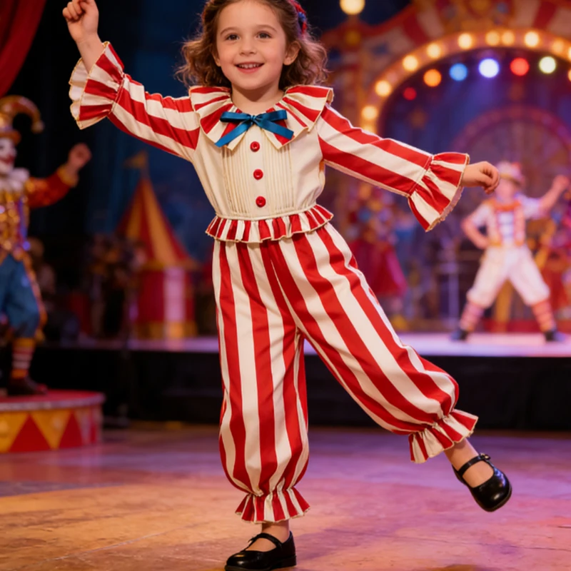 2026 Striped Clown Costume For Girls Funny Joker Girls Boys Cosplay Clown Jumpsuit Kids Birthday Carnival Party Circus Outfit