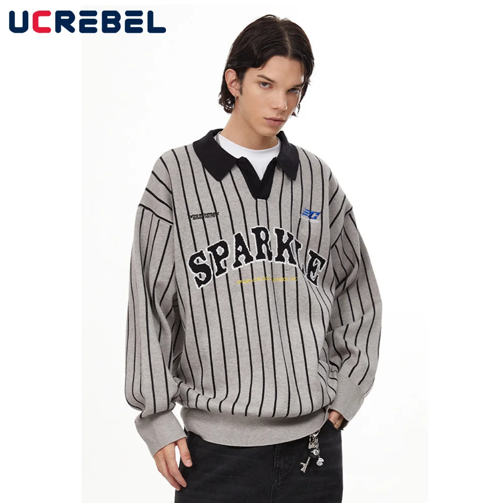 Letter Jacquard Knitted Striped Sweater Mens High Street Autumn Winter Loose Long Sleeve Spliced Lapel Pullover Men