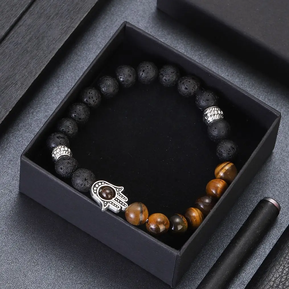 Natural Tiger Eye Lava Beads Chakra Bracelets for Men Women Lucky Turkish Evil Eye Hand Of Fatima Jewelry Bangles Gifts