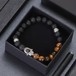 Natural Tiger Eye Lava Beads Chakra Bracelets for Men Women Lucky Turkish Evil Eye Hand Of Fatima Jewelry Bangles Gifts