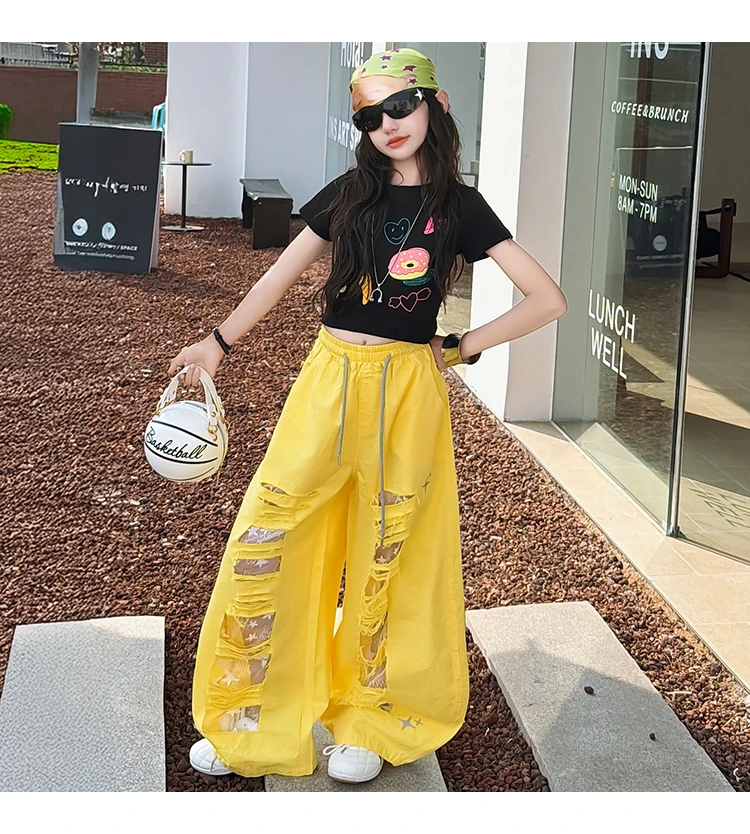 Teenager-Mädchen Mode Street-Style Y2K Kleidungsset Outfits für Mädchen Sommer T-Shirt + zerrissene Hosen Streetwear Coole Kinderkleidung Anzug – Detail 2