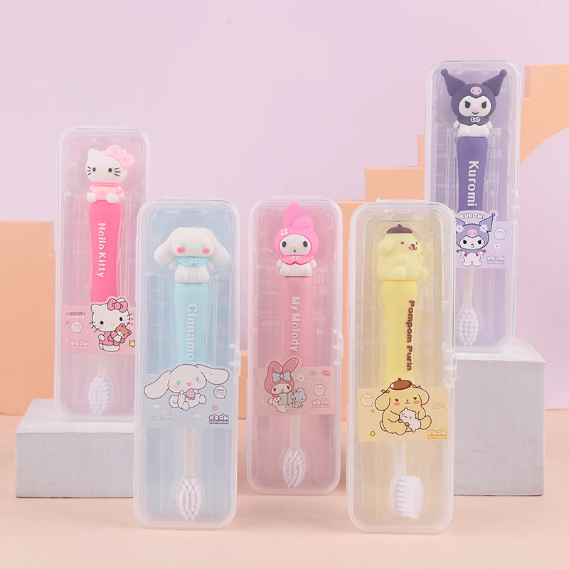 Cartoon Sanrio spazzolino carino Hello Kitty Kuromi Melody spazzolini da denti spazzolino da denti in morbida pelliccia con scatola bambini cura pulita denti