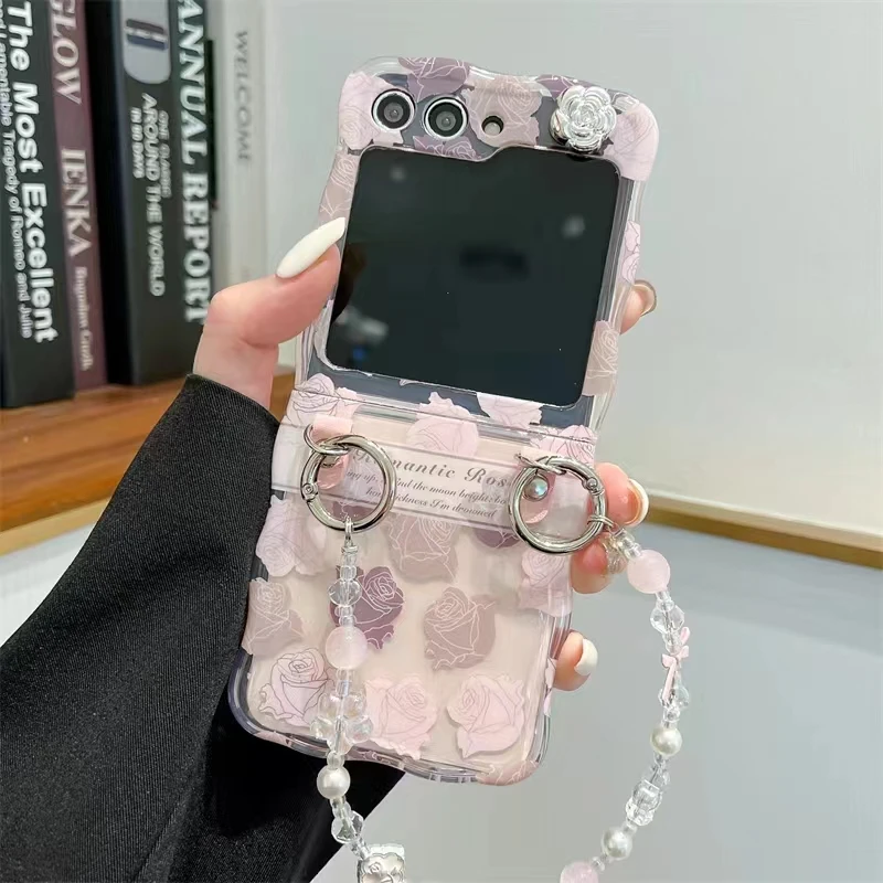 For Samsung Galaxy Z Flip 3 4 5 5G Cute Girl Rose Crystal Flower Chain Strap Wave Phone Case Cover