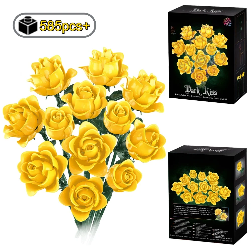 

585pcs NEW Creative Yellow Rose Bouquet Building Blocks Set DIY Ornament Romantic tabletop decoration Valentine Gift For Women