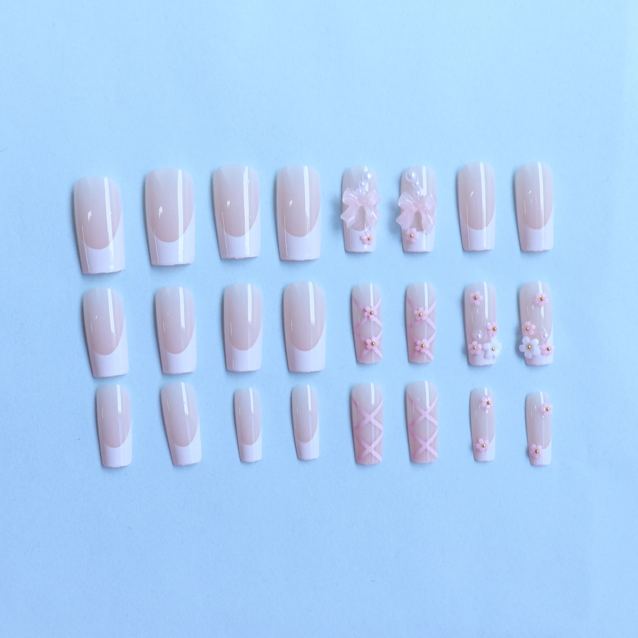 24pcs Long Ballet Fake Nails Summer Pink White Bow Design French White Edge Flash Diamond High Saturation Full Coverage Fake Nai