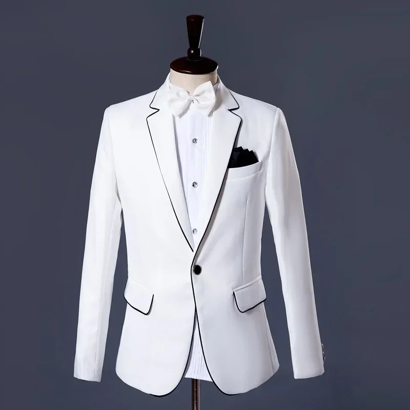 Wedding Groom Tuxedos Suit Men Fashion White Single grain buckle Male Singer Performance Party Prom Blazer Suit Costume 2 Piece