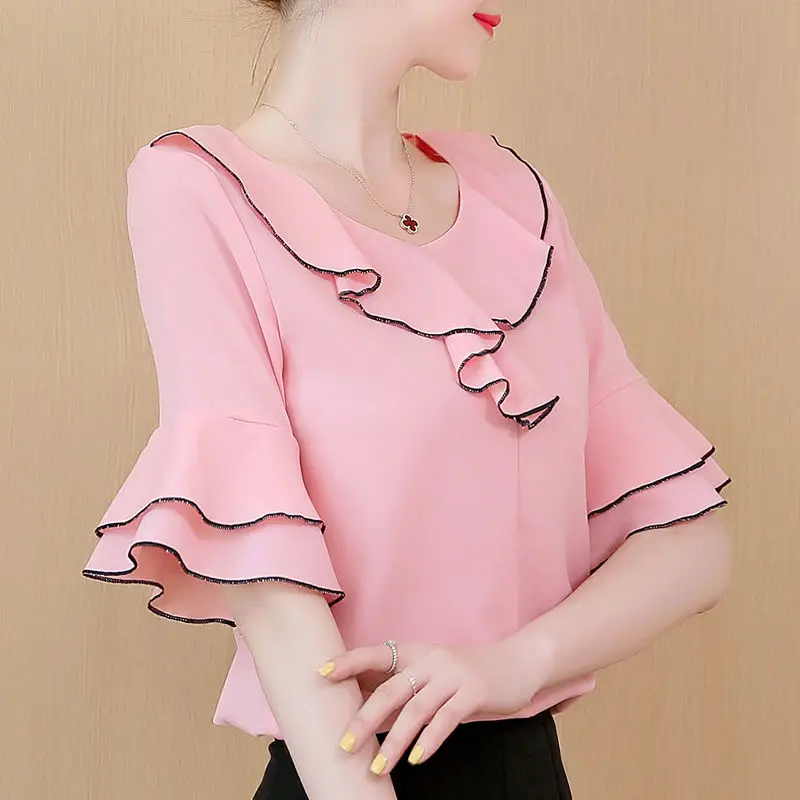 Ruffle Sweet Chic Short Sleeve Slim Chiffon Shirts New Summer Korean Fashion Round Neck Solid Top Blouse Women Blusas Para Mujer