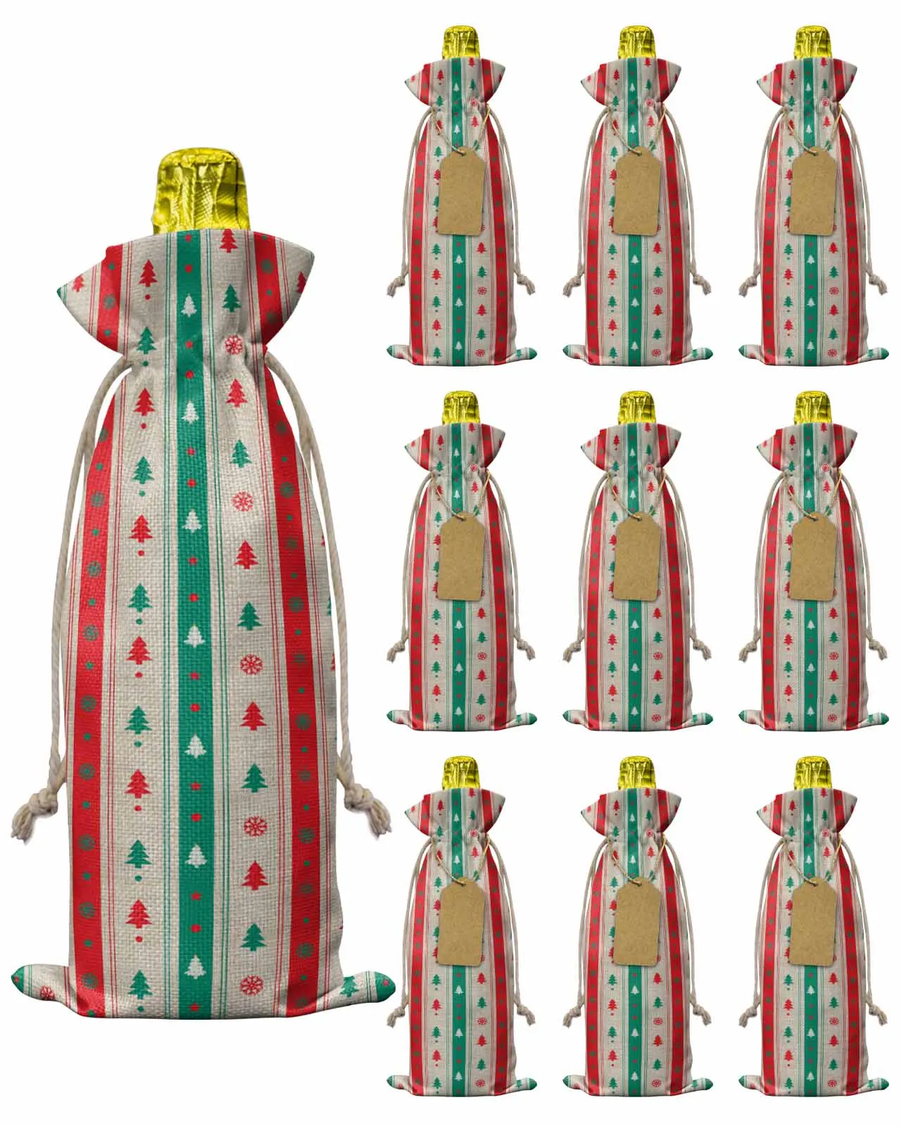 10pcs Christmas Tree Striped SnowflakesWine Bottle Bag with Drawstring Festive Party Decor Wine Bottle Covers Gift