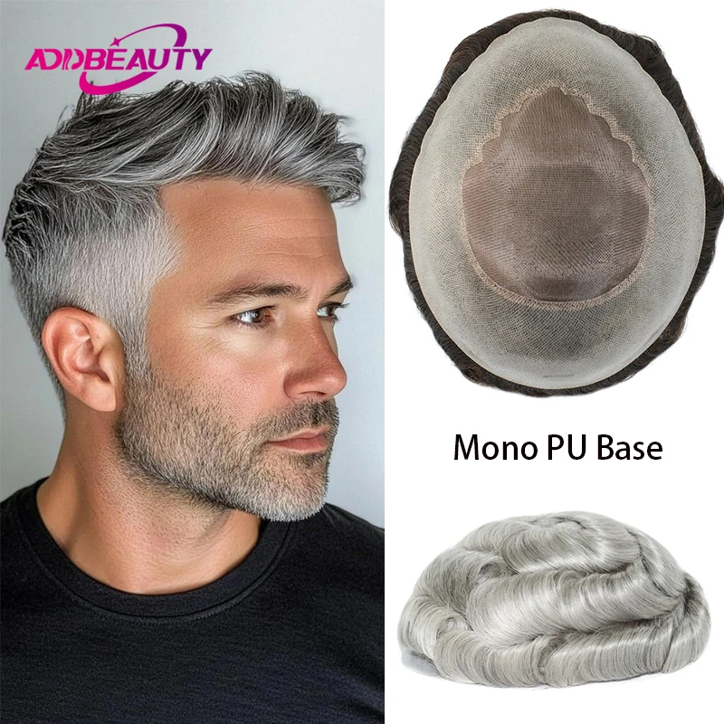 Male Hair Wigs Fine Mono PU Men's Hair Prosthesis High Quality European Human Hair System Natural Human Hairline With Grey Hair