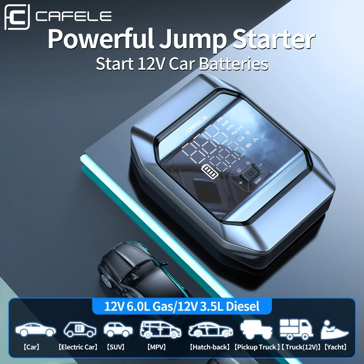 12V Air Compressor Portable Car Tyre Inflator Jump Starter Flashlight Power Bank 4 IN 1 Wireless Digital Air Pump For Auto Home