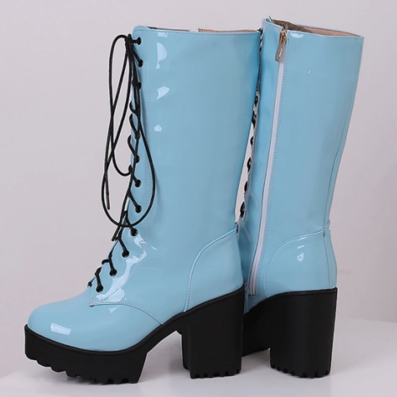 

Высокие сапоги до колена на шнуровке, женские пикантные синие, розовые, красные, в стиле панк, женские зимние высокие сапоги, вечерние туфли, женские большие размеры 46