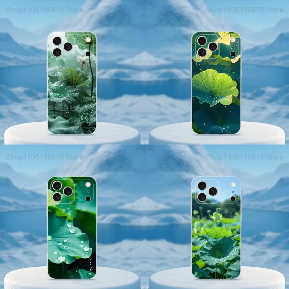 Funda de teléfono Nature Lotus Leaf para iPhone 16,15,14,13,12,11,17 Pro,Max,Plus,X,XS,XR,SE,Mini cubierta suave transparente