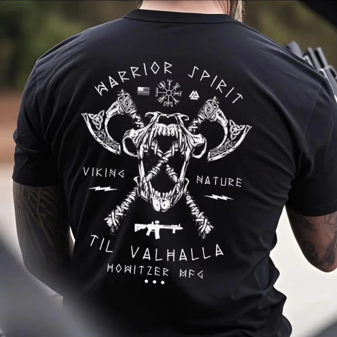 2026 New Family Matching T‑Shirt Viking Warrior Spirit Skull Axe Norse Symbol Chest & Back Print Oversized Cotton Short Tops