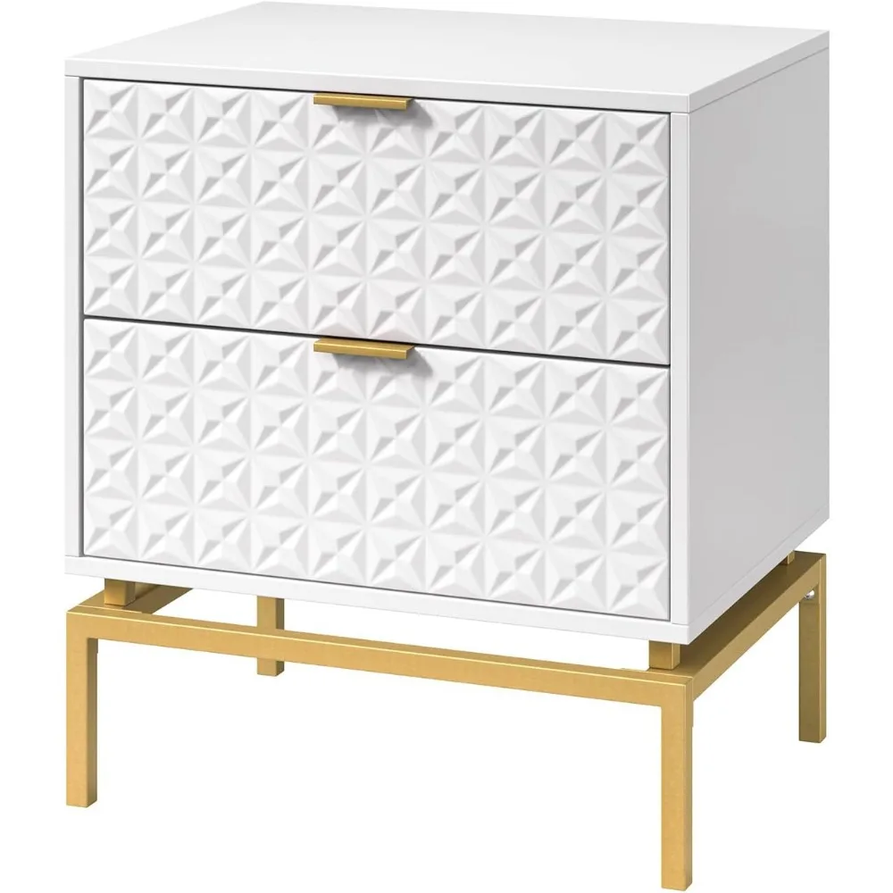 Farmhouse Console Table Accent Cabinet with Embossed Pat,Mid-Century Storage Nightstand with 2 Drawers & Metal Legs