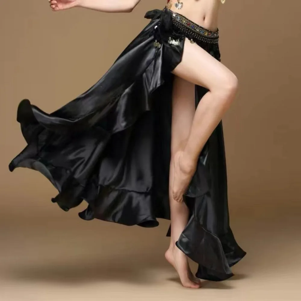 New Belly Dance Skirt - Indian Dance Performance Bottoms Satin Split-Side Long Dance Skirt for Stage & Practice