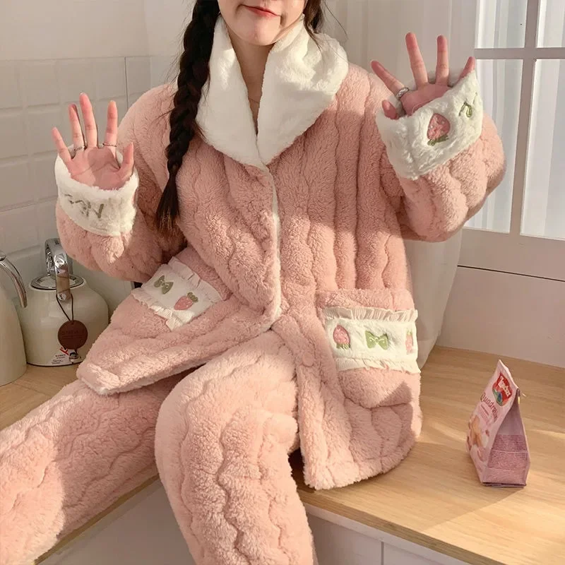 2024 New Three-Layer Quilted Pajamas Women Winter Coral Fleece Thickened Velvet Nightclothes Female Flannel Warm Loungewear Suit