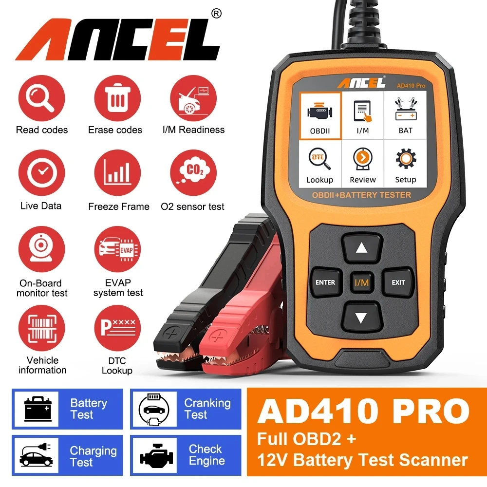 

ANCEL AD410 Pro OBD2 Automotive Scanner 2 in 1 Code Reader Battery Tester Check Engine Full OBDII OBD 2 Car Diagnostic Tools