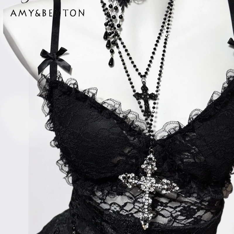 

Gothic Dark Style Hot Girl Women's Long Skirt 2025 Autumn New Design Sweet Cool Sexy Lace Hollow Out Sling Skirts Set Ladies