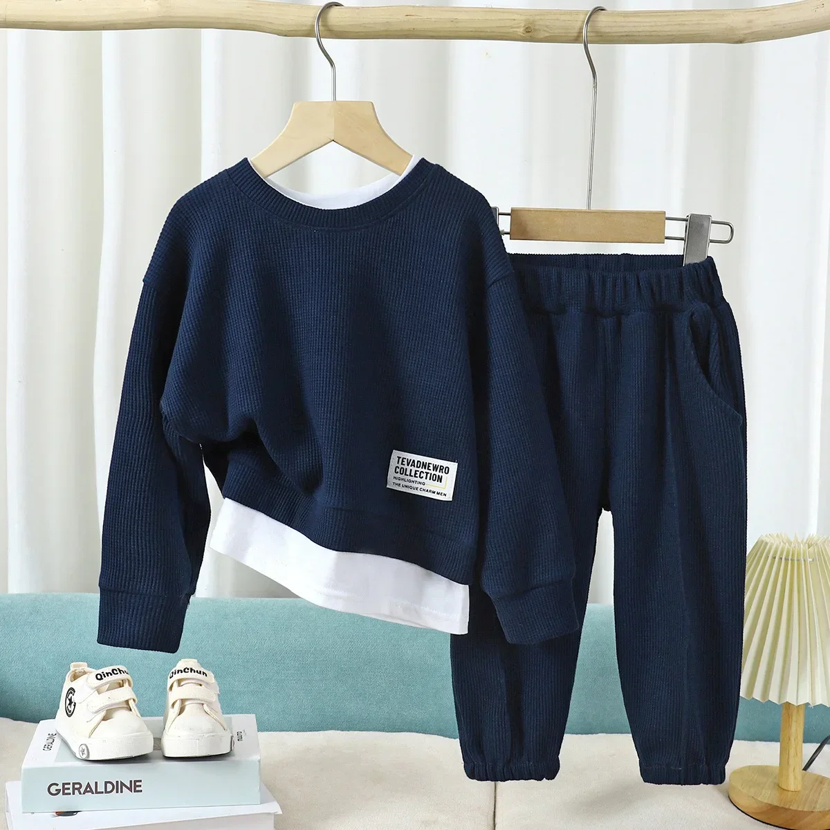 Autumn Children Boy Clothes Set Kid Girls Faux Two-piece Sweatshirts Pullover Top and Pants 2pcs Suit Fashion Solid Tracksuits