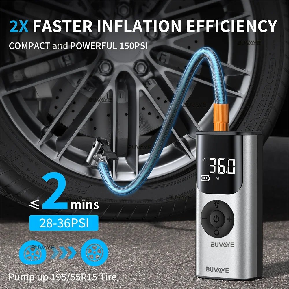 BUVAYE 150PSI Smart Air Pump 5000mAh for Motorcycles Mini Tire Inflator Dual Power Supply Digital&Preset Pressure Inflation