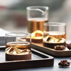 Mountain Whiskey Glass with Wooden Base Creative Heat Resistant Beer Glass Wine Water Tea Transparent Cup Bar Drinkware