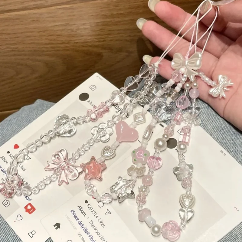 

1/2pcs Bow Heart Beaded Bracelet Lanyard Flower Butterfly Phone Charm Pearl Mobile Phone Wrist Strap Acrylic Anti-Lost Chains
