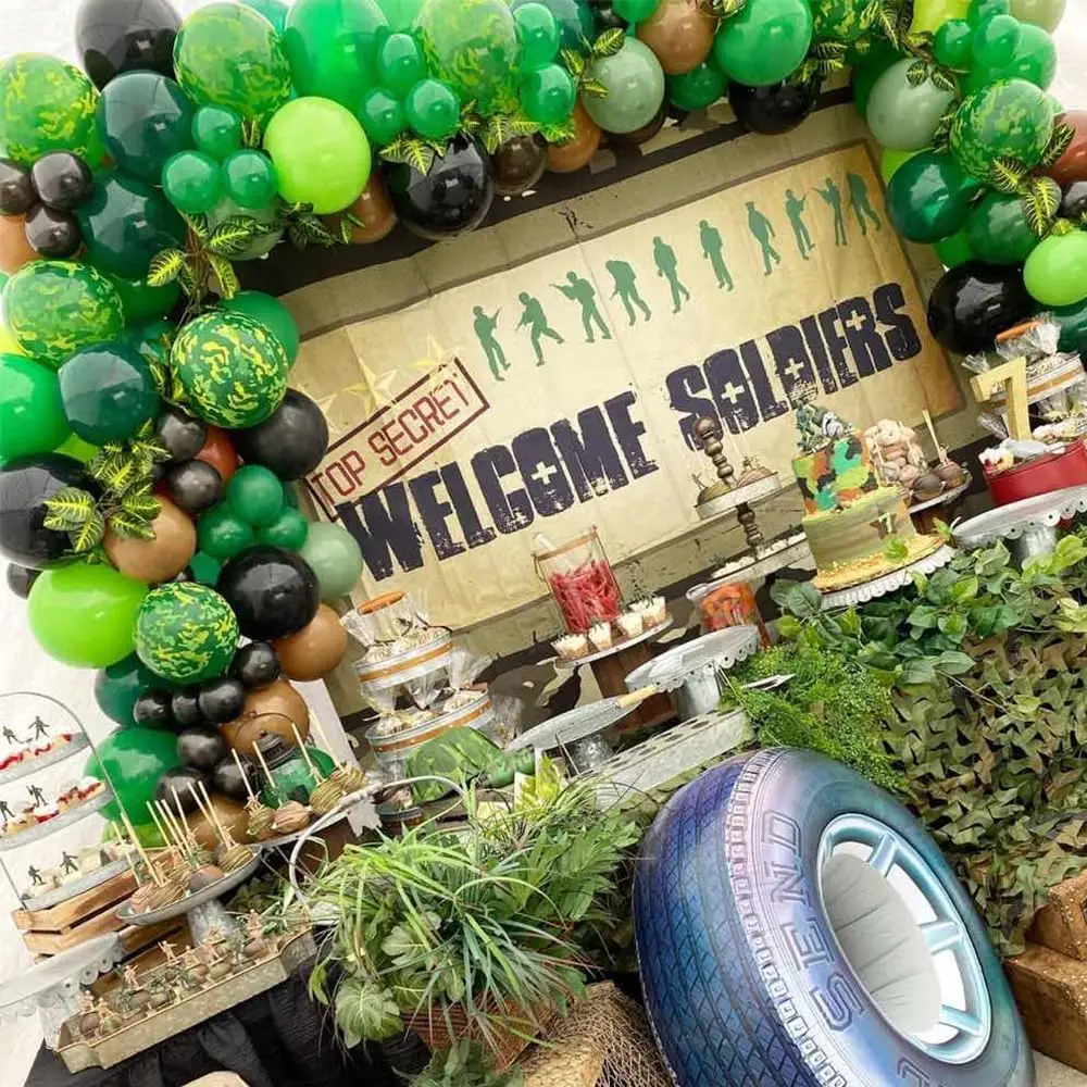 135pcs Tank Camouflage Balloon Arch Garland Green Tank Foil Globos Call of Duty Hunting Soldier Army Birthday Camo Party Decor