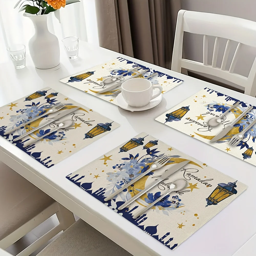 Ramadan Mubarak Linen Placemats Party Decor Blue Golden Moon Lantern Flowers Print Eid Al-Fitr Table Mats Ramadan Decorations