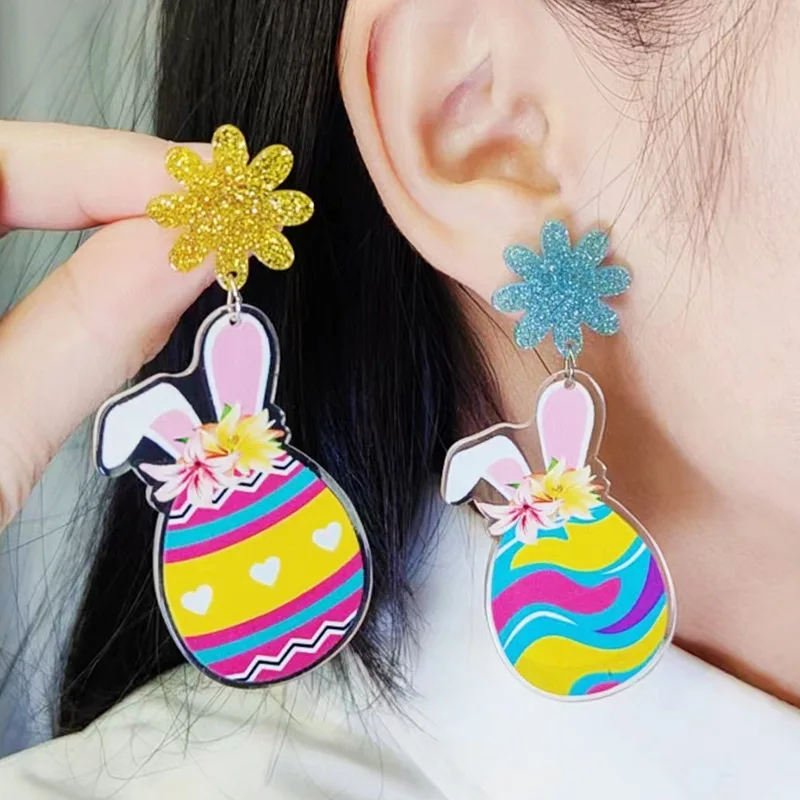 New Easter Egg Chicken Radish Earrings Cute Little Rabbit Broken Shell Egg Lily Flower Printed Pendant Earring Easter Party Gift