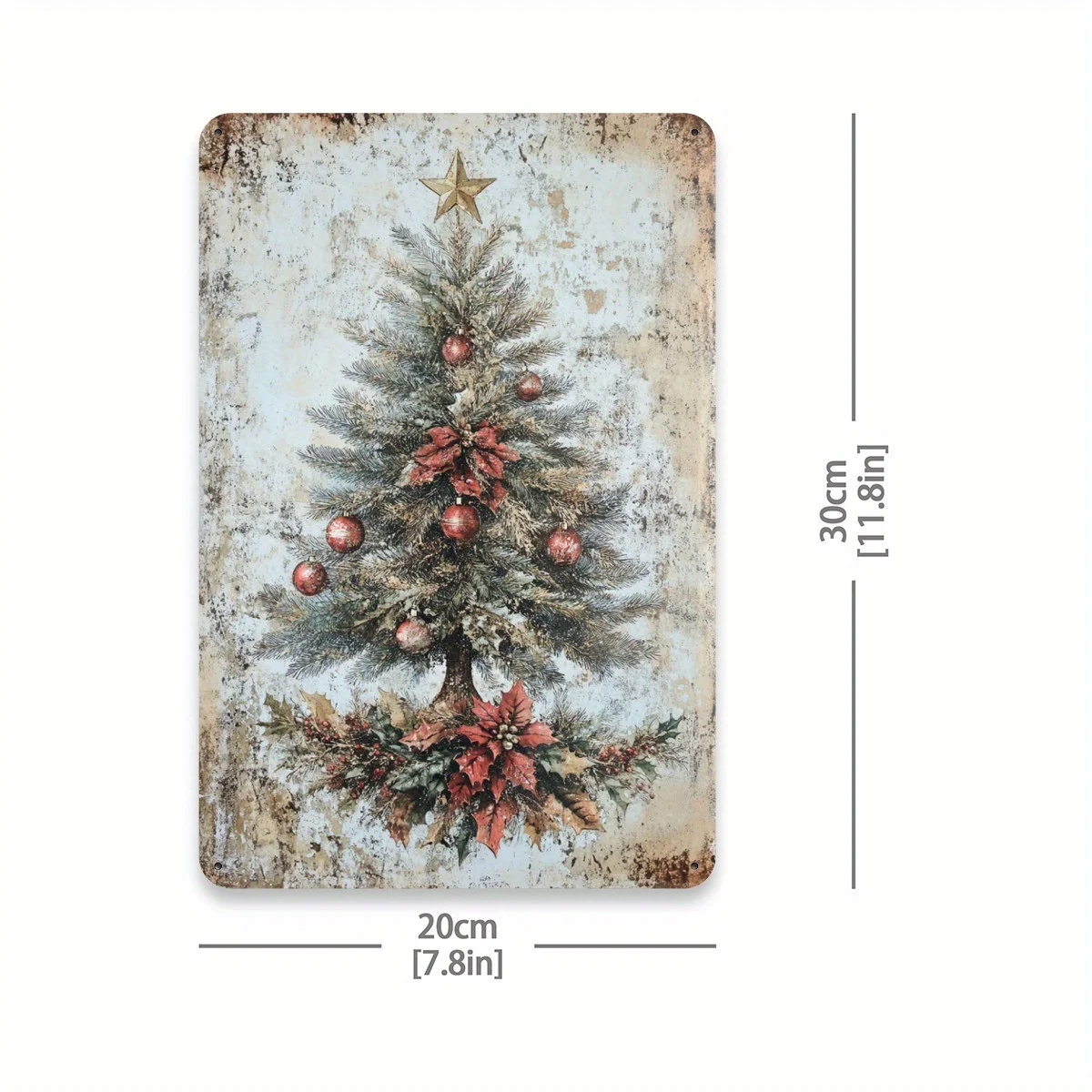 2D Flat, Vintage Farmhouse Christmas Tree Metal Wall Decor - 20.32x30.48 cm Rustic Iron Snowy Winter Scene with Red Poinsettias