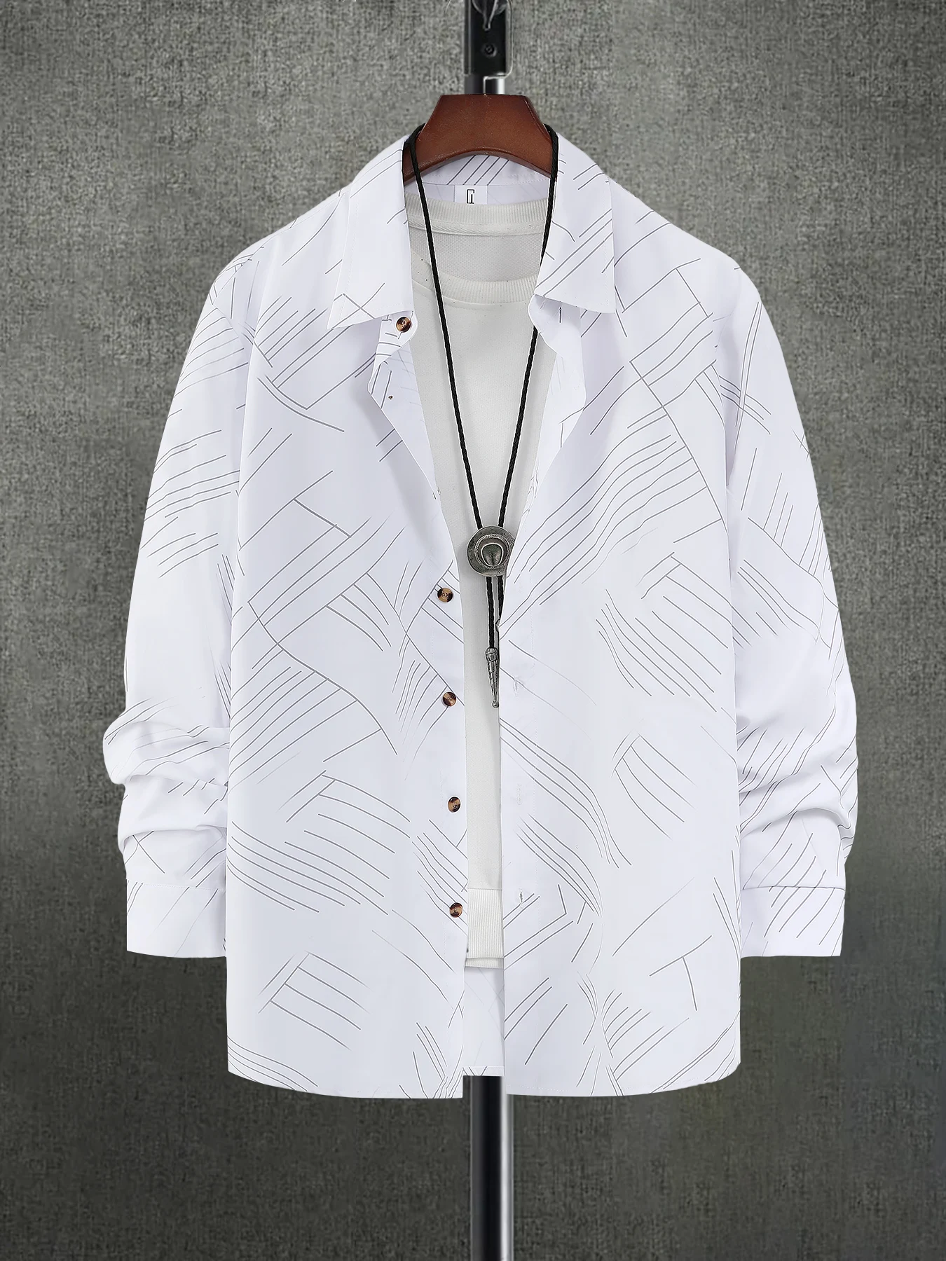 Men's White Abstract Line Print Turn-Down Collar Long-Sleeve Shirt, Vintage Wooden Button Thin Shirt, Spring and Autumn Loose Casual Commuter Wear, Layered and Versatile Men's Top
