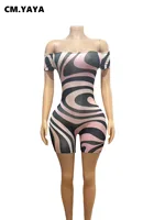 CM.YAYA Women Geometric Printed Short Sleeve Slash Neck Jumpsuits Street 2025 Summer Casual Sexy One Piece Suit Romper Playsuits - Image 4