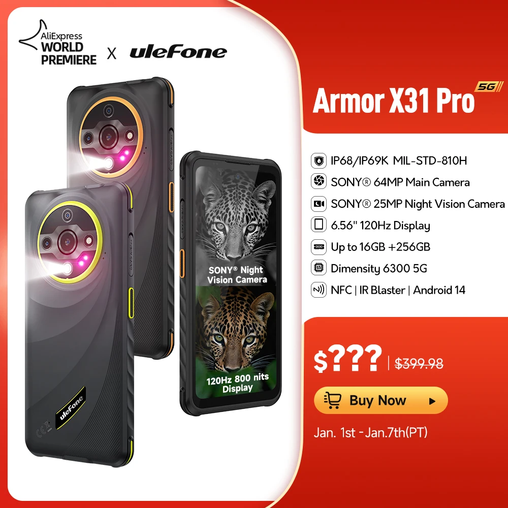 Ulefone Armor X31 Pro 5G Rugged Phone Android 14 Waterproof Smartphone 6.56”16GB RAM 256GB ROM Sony ® Night Camera 64MP  NFC