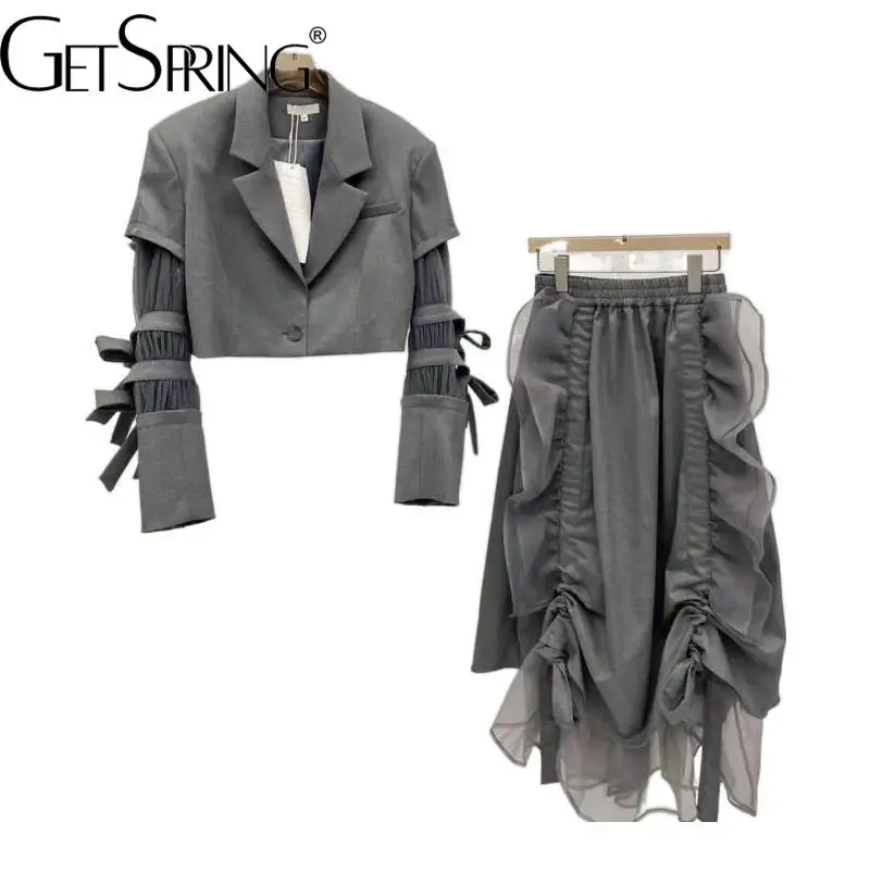 Getspring Women Suit Blzaer Skirt Set Single Button Short Blazer Coat High Waist Loose Casual Skirts Two Piece Sets Spring 2024