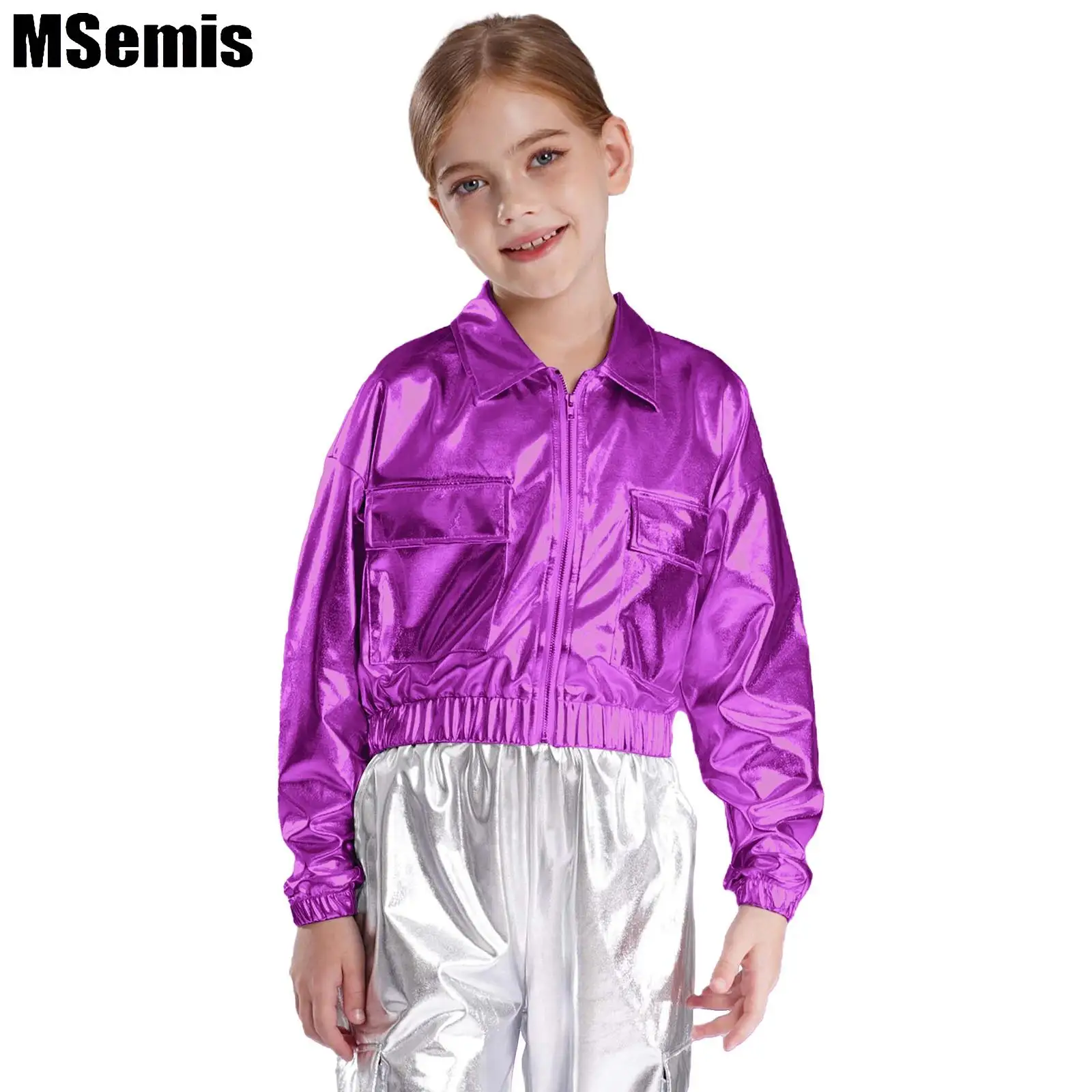 

Kids Hip-Hop Jazz Dance Jacket Metallic Shiny Jacket Boys Girls Turn-Down Collar Long Sleeve Outwear with Flap Pockets