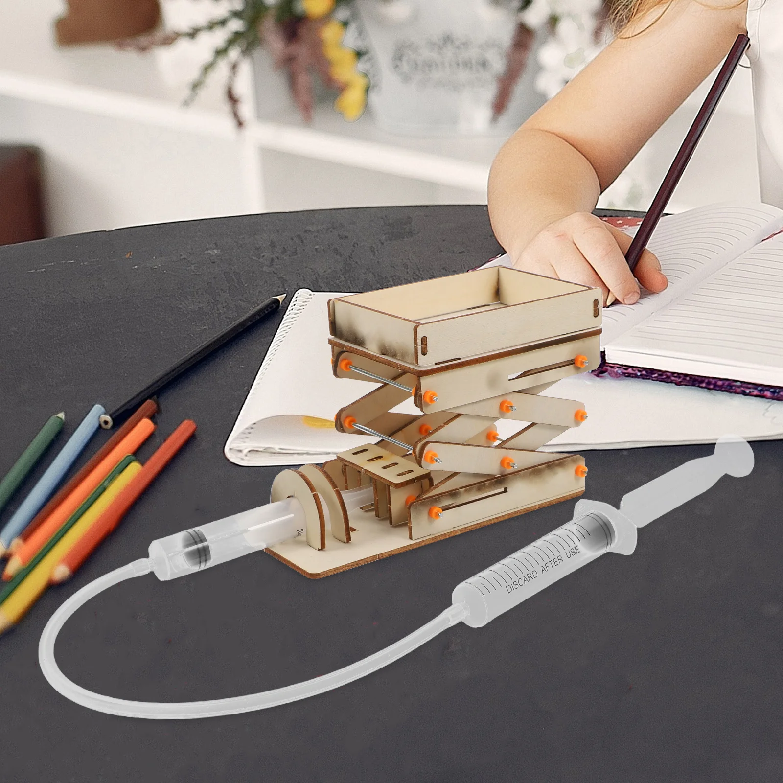 Hydraulische hefwetenschap voor kinderen Diy houten laboratorium Houten projecten voor kinderen Jack Machine Stem Kit Verstelbare schaarlifttool