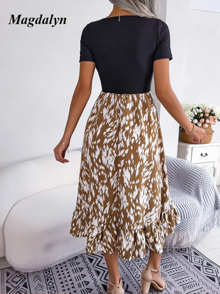 Magdalyn Frauen Sommer lässig Leopard Chiffon Kleid Straße Basic Kurzarm T-Shirt Kleid Retro Party eine Linie Bohemian Kleider