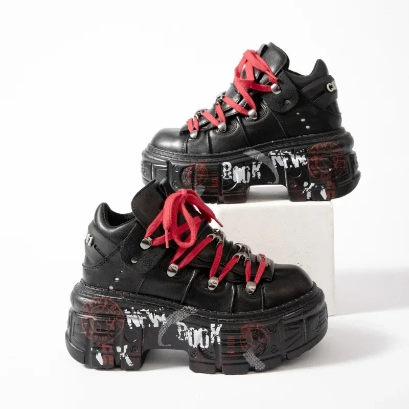 

2025 NEW Gothic Ankle Rock Boots Woman Metal Decor Platform Sneakers New Punk Style Women Shoes Lace-up Shoes