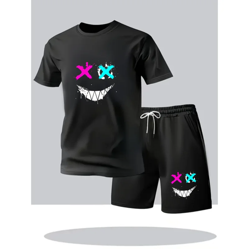

Men's two-piece suit：round Neck Short SleeveTT-shirt and drawstring shorts，Fashionable and creative printed casual sportswear