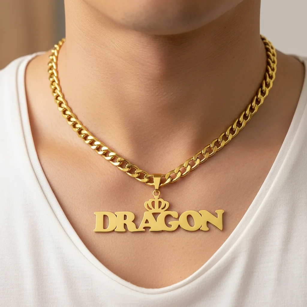 

Stainless Steel Custom Big Pendant Name Necklace for Men 18K Gold Plated Letters Necklace Detachable 5mm Width Chain Hip Hop