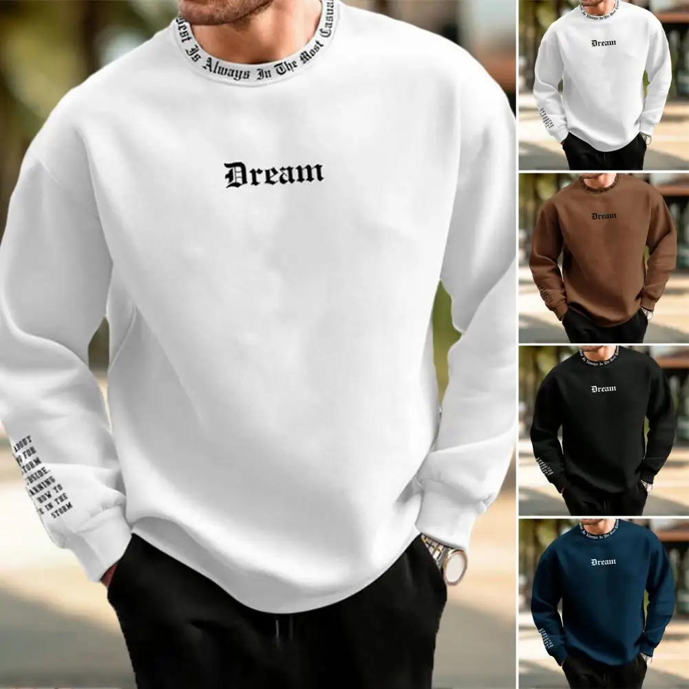 Men Sweatshirt Men's Letter Print Sweatshirt Cozy Winter Top for Men Round Neck Long Sleeve Pullover Soft Warm Casual Mid Length